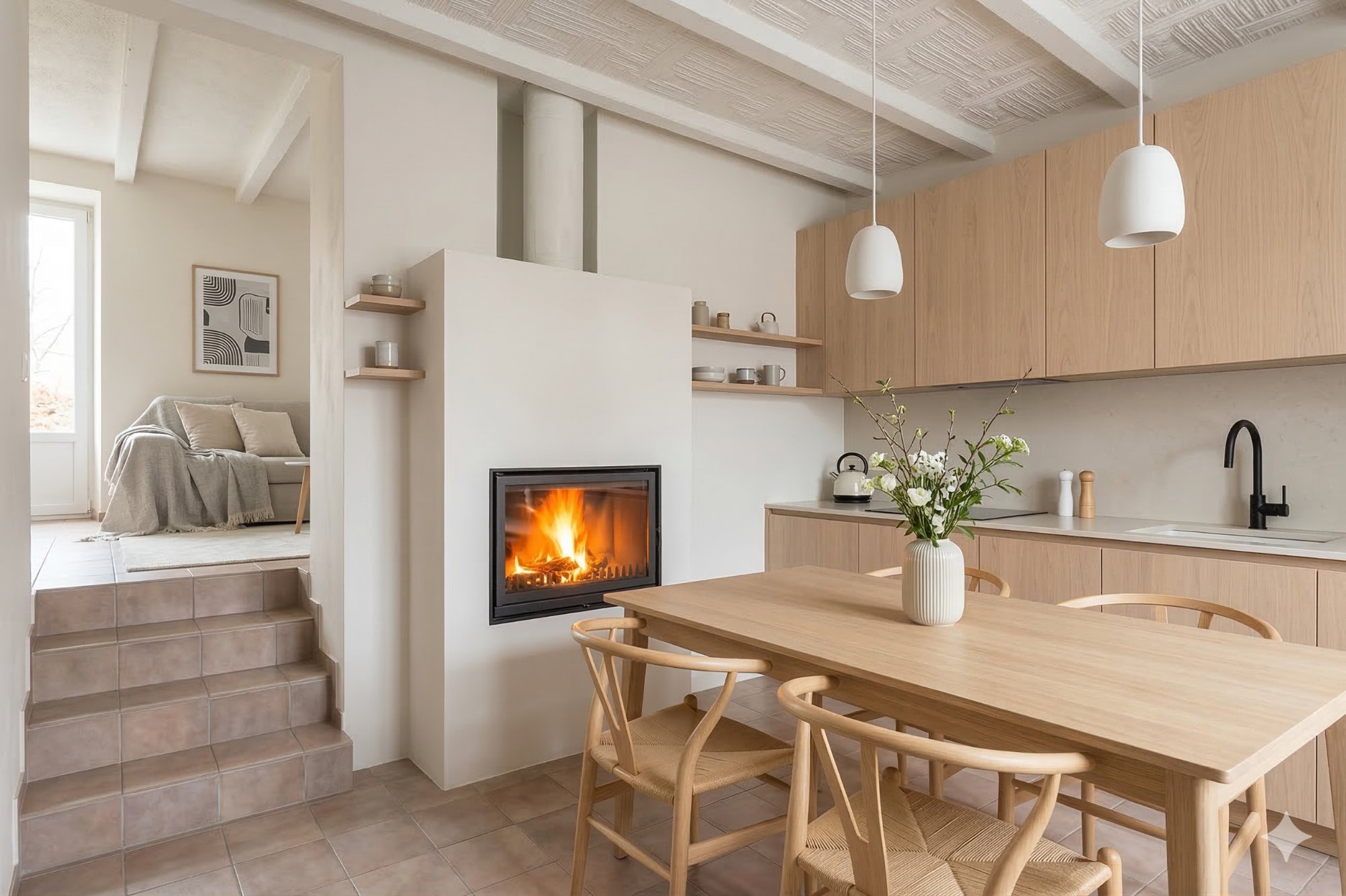 Kitchen with fireplace